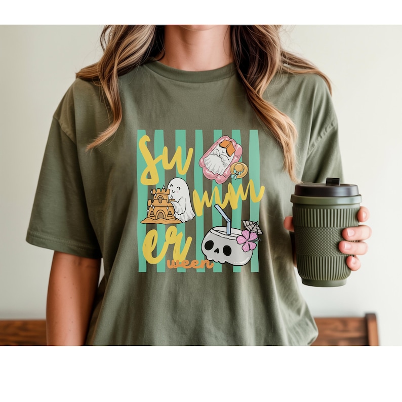 Cute Summerween ghost shirt design with striped background, ghost building sandcastle, ghost on float, skull coconut drink and tropical spooky summer aesthetic