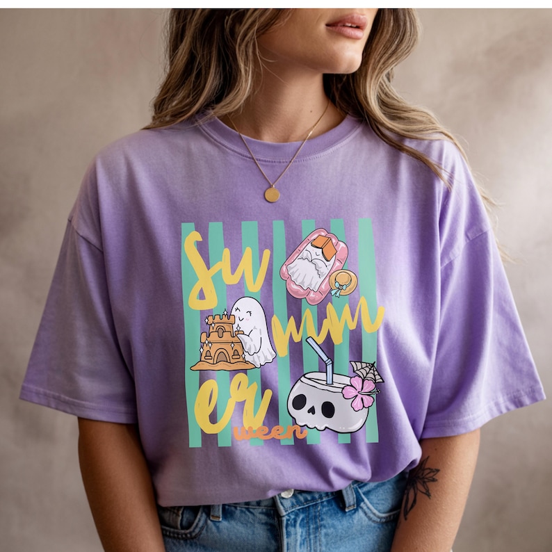 Cute Summerween ghost shirt design with striped background, ghost building sandcastle, ghost on float, skull coconut drink and tropical spooky summer aesthetic