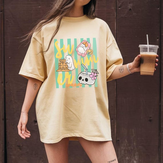 Summerween Ghost Shirt Comfort Colors, Spooky Beach Ghost Tee, Cute Skeleton Coconut Drink Shirt, Halloween Summer Vacation Gift