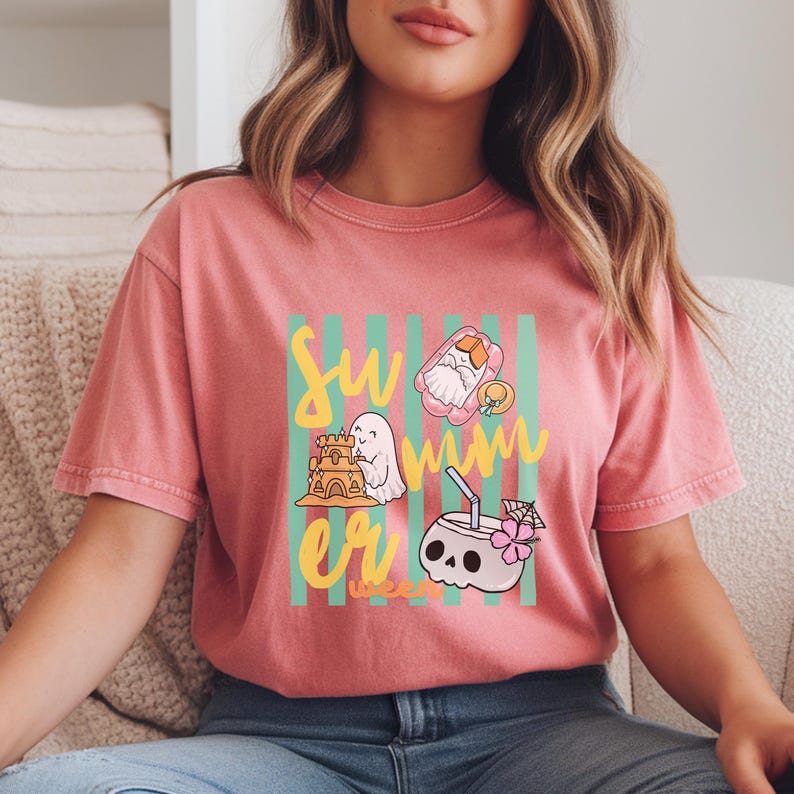 Cute Summerween ghost shirt design with striped background, ghost building sandcastle, ghost on float, skull coconut drink and tropical spooky summer aesthetic