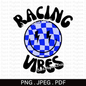 May include: Black and white graphic with the text "RACING VIBES" in a retro font. A blue and white checkered smiley face with lightning bolts for eyes is in the center of the graphic.