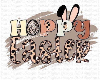 May include: A digital design featuring the text "Hoppy Easter" in a brown, orange, and yellow color scheme. The text is decorated with a leopard print pattern and a bunny ear design.