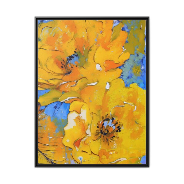 Floral Oil Painting Print - Yellow - Modern Design - Matte Canvas, Black Frame, Interior Design, Paintings, Original Art