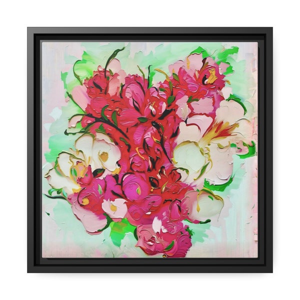 Bold Floral Bouquet Print - Pink - Oil Painting Print - Modern Design - Matte Canvas, Black Frame, Interior Design, Paintings, Original Art