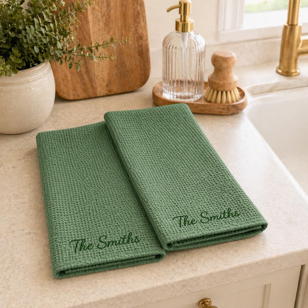 Personalized Waffle Weave Kitchen Towels, Custom Embroidered Name Towels, Wedding Gift Ideas, Housewarming Gift