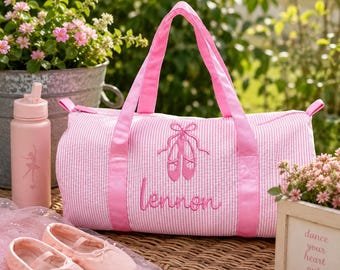 Personalized Seersucker Duffle Bag for Kids | Embroidered Dance Bag | Custom Ballet Overnight Tote | Girls Travel Gym Bag