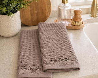 Personalized Waffle Weave Kitchen Towels, Custom Embroidered Name Towels, Wedding Gift Ideas, Housewarming Gift