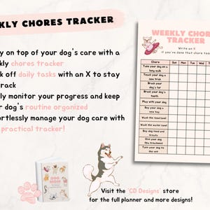 Op de afbeelding: Een printbare wekelijkse honden takenplanner met een checklist van taken om je te helpen de verzorging van je hond bij te houden. De planner bevat taken zoals wandelen met je hond, je hond een nieuwe truc leren, de vacht van je hond borstelen, de tanden van je hond poetsen, spelen met je hond, een nieuw speeltje voor je hond kopen, de voerbak wassen, de waterbak wassen, hondenvoer en traktaties kopen, je hond traktaties geven en je hond naar de dierenarts brengen. De planner is ge&iuml;llustreerd met een roze en witte hond die een roze tutu draagt.