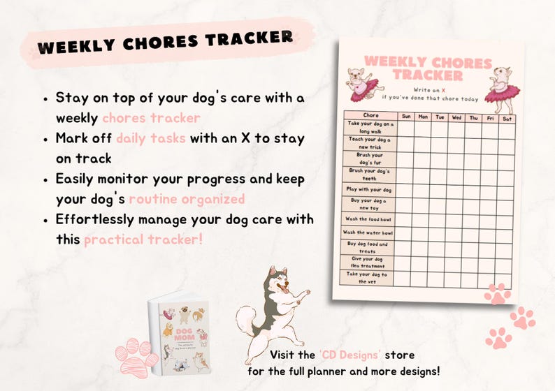 Op de afbeelding: Een printbare wekelijkse honden takenplanner met een checklist van taken om je te helpen de verzorging van je hond bij te houden. De planner bevat taken zoals wandelen met je hond, je hond een nieuwe truc leren, de vacht van je hond borstelen, de tanden van je hond poetsen, spelen met je hond, een nieuw speeltje voor je hond kopen, de voerbak wassen, de waterbak wassen, hondenvoer en traktaties kopen, je hond traktaties geven en je hond naar de dierenarts brengen. De planner is ge&iuml;llustreerd met een roze en witte hond die een roze tutu draagt.