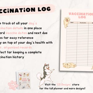 Op de afbeelding: Een roze en witte printbare vaccinatielog voor honden. De log heeft kolommen voor datum, vaccinatie en notities. De afbeelding bevat ook een schattige cartoon-hond illustratie.