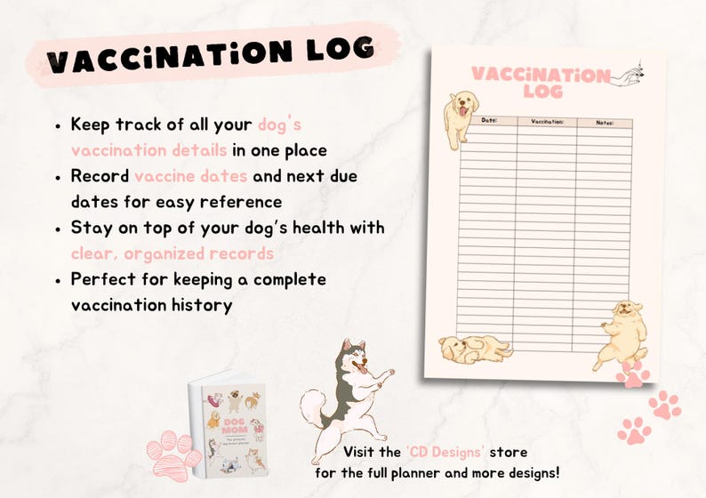 Op de afbeelding: Een roze en witte printbare vaccinatielog voor honden. De log heeft kolommen voor datum, vaccinatie en notities. De afbeelding bevat ook een schattige cartoon-hond illustratie.