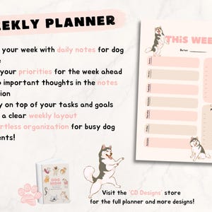 Op de afbeelding: Een weekplanner met een roze en beige ontwerp met illustraties van honden. De planner bevat secties voor dagelijkse notities, prioriteiten en taken. De tekst "THIS WEEK" staat bovenaan de planner.