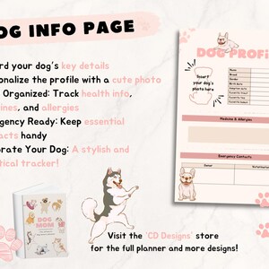 Op de afbeelding: Een printbare honden-informatiepagina met een roze en beige kleurenschema. De pagina bevat een schattige cartoon-hondenillustratie en bevat secties voor het registreren van de belangrijkste gegevens van uw hond, gezondheidsinformatie en noodcontacten. De tekst "DOG INFO PAGE" staat bovenaan de pagina.
