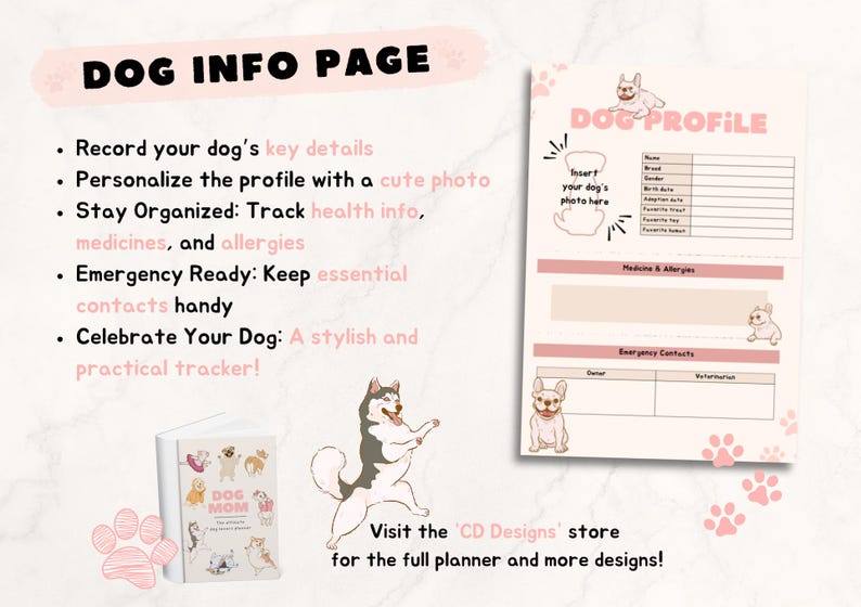 Op de afbeelding: Een printbare honden-informatiepagina met een roze en beige kleurenschema. De pagina bevat een schattige cartoon-hondenillustratie en bevat secties voor het registreren van de belangrijkste gegevens van uw hond, gezondheidsinformatie en noodcontacten. De tekst "DOG INFO PAGE" staat bovenaan de pagina.