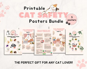 Bundel met veiligheids- en verzorgingsposters voor katten - giftige planten, voedingsmiddelen, kattenbescherming en essentials, A5-A4, digitale download