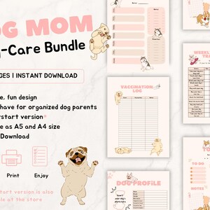 Op de afbeelding: Een printbare hondenverzorgingsbundel met vijf pagina's, waaronder een vaccinatielogboek, een wekelijkse takenplanner, een hondenprofiel, de takenlijst voor vandaag en een boodschappenlijst. De pagina's bevatten schattige cartoonhonden en een roze en wit kleurenschema.