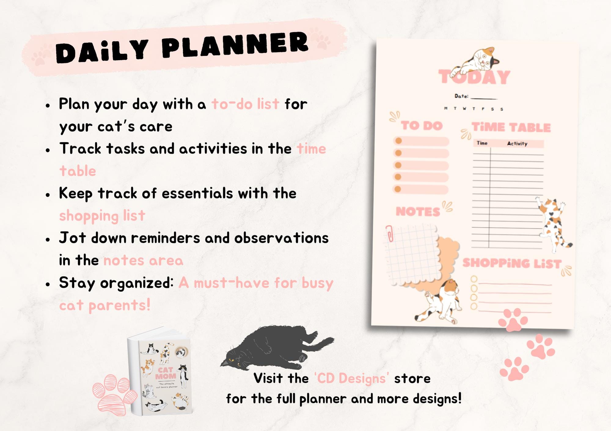Printable Cat Mom Cat Care Planner Bundle - Colorful Design, A5 & A4 ...