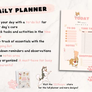 Op de afbeelding: Een roze en witte dagelijkse planner met een to-do-lijst, een tijdtabel, een notitiegedeelte en een boodschappenlijst. De planner bevat illustraties van corgis en de tekst "TODAY".