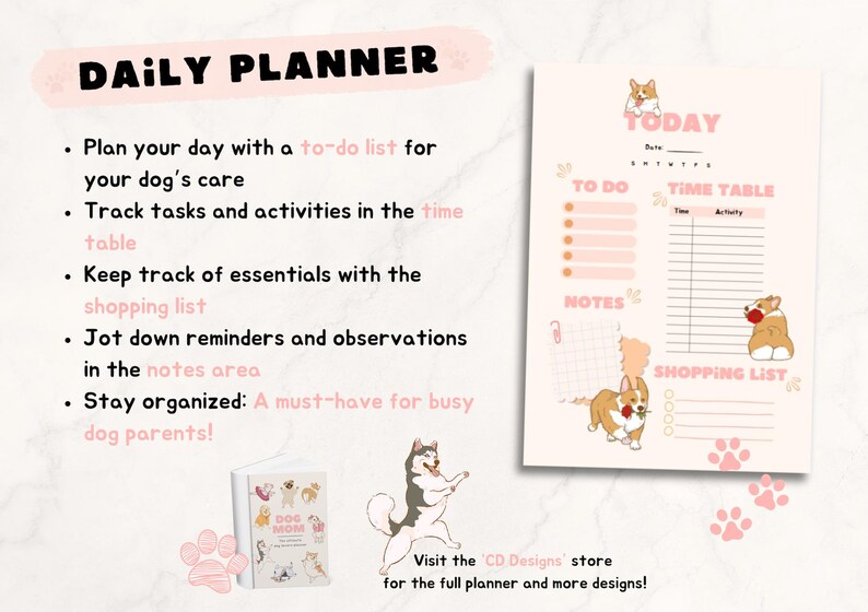 Op de afbeelding: Een roze en witte dagelijkse planner met een to-do-lijst, een tijdtabel, een notitiegedeelte en een boodschappenlijst. De planner bevat illustraties van corgis en de tekst "TODAY".