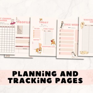 Op de afbeelding: Printbare plannings- en trackingpagina's voor hondenbezitters. De pagina's bevatten een wekelijkse takenplanner, een profielpagina, een vandaag-pagina met een to-dolijst, een tijdtabel en een boodschappenlijst, een deze week-pagina en een vaccinatielogboek.