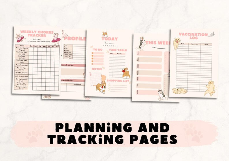 Op de afbeelding: Printbare plannings- en trackingpagina's voor hondenbezitters. De pagina's bevatten een wekelijkse takenplanner, een profielpagina, een vandaag-pagina met een to-dolijst, een tijdtabel en een boodschappenlijst, een deze week-pagina en een vaccinatielogboek.
