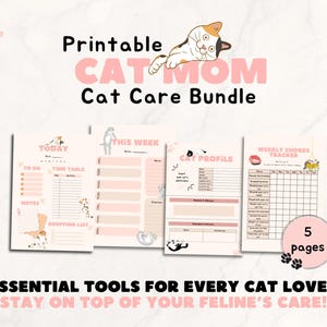 Op de afbeelding: Printbare kattenverzorgingsbundel met vijf pagina's met roze en witte checklists en trackers. De pagina's bevatten secties voor "Vandaag", "Deze week", "Kattenprofiel" en "Wekelijkse taken tracker". De bundel bevat een cartoon kattenmama op een roze achtergrond.