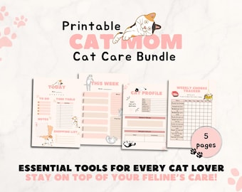 Afdrukbare Cat Mom Cat Care Planner-bundel - kleurrijk ontwerp, A5 en A4, Monday Start, digitale download voor kattenouders