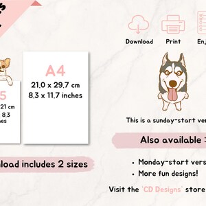 Op de afbeelding: Printbare plannerpagina met een schattig husky-cartoon met de tekst "This is a sunday-start version". De pagina is beschikbaar in twee formaten: A4 (21,0 x 29,7 cm) en A5 (14,8 x 21 cm).