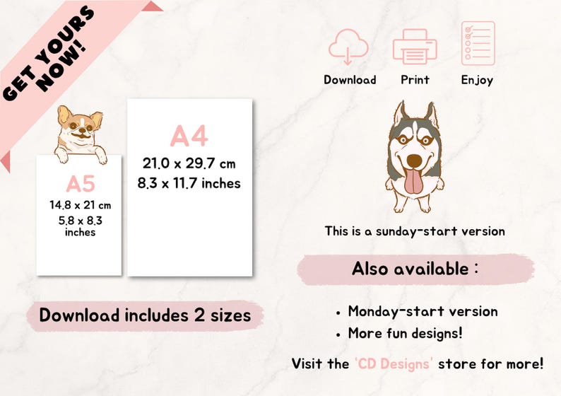 Op de afbeelding: Printbare plannerpagina met een schattig husky-cartoon met de tekst "This is a sunday-start version". De pagina is beschikbaar in twee formaten: A4 (21,0 x 29,7 cm) en A5 (14,8 x 21 cm).