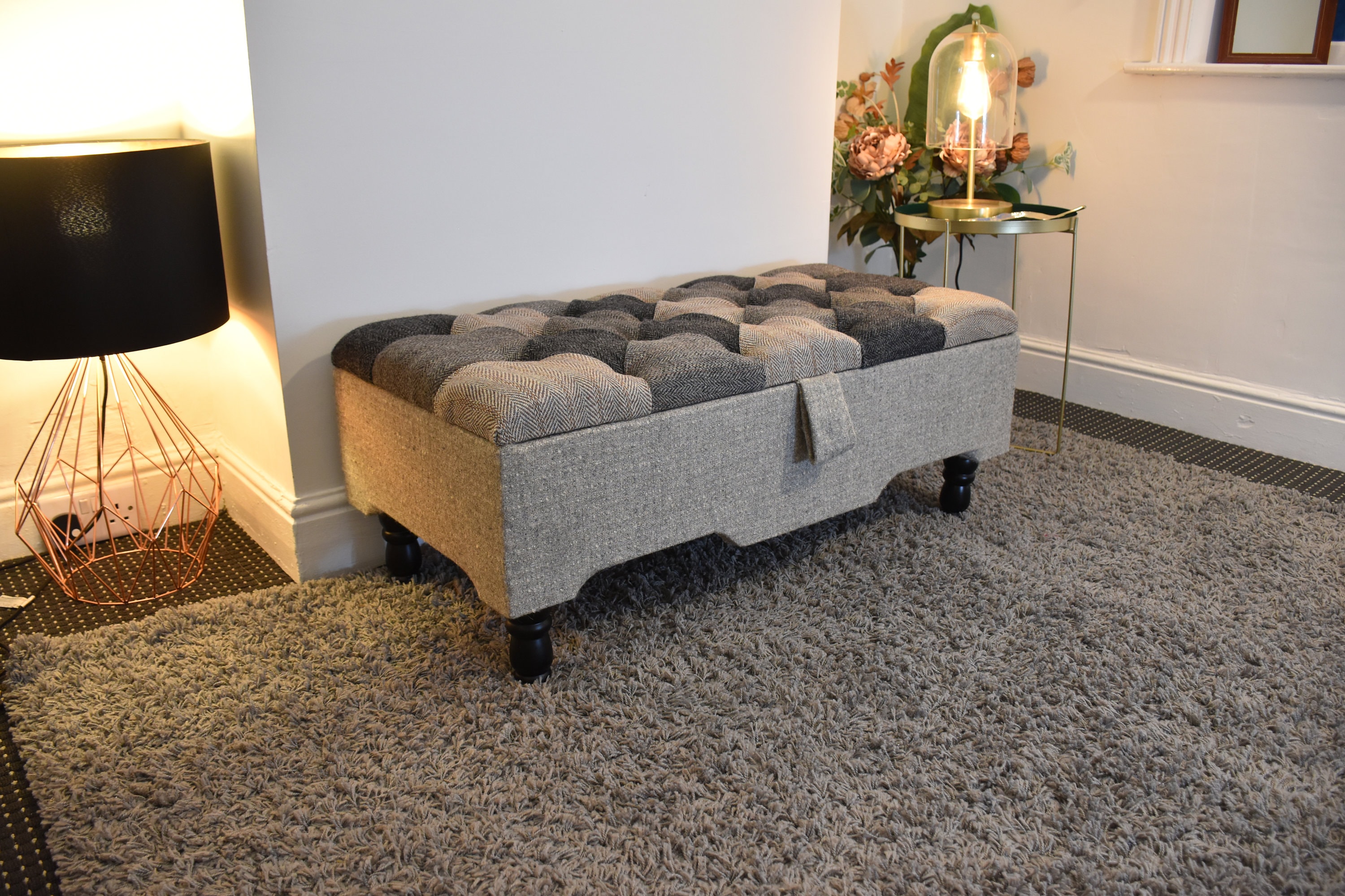 Handmade Patchwork Tweed Ottoman with Storage - Real Tweed Fabric, Handcrafted, Multi-Functional Footstool Bench - Brand New.