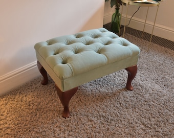Made-to-Order Elegant Pale Green Plush Velvet Small Ottoman Footstool - Handcrafted, Tufted Design