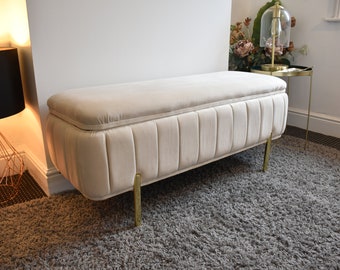 Cream Ottoman Footstool Storage Bench| Handmade Plush/Soft Velvet Chesterfield Upholstered Quality Coffee Table Footrest, Kids Toys Storage
