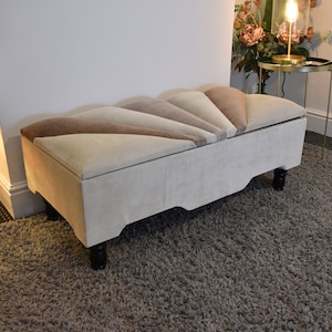 Handcrafted Custom Upholstered Storage Bench with Unique Sunburst Tufted/panel design Top – Brand New