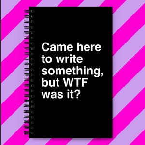 May include: Black spiral-bound notebook with the text "Came here to write something, but WTF was it?" in white. The notebook is on a background of diagonal pink and lavender stripes.
