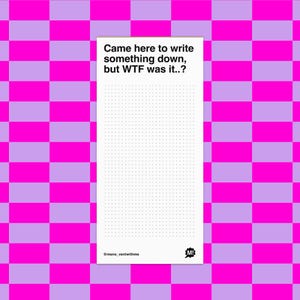 Pode incluir: Um bloco de notas branco com uma grelha pontilhada, com o texto "Came here to write something down, but WTF was it..?" num fundo xadrez rosa e roxo. O bloco de notas tem o logótipo @meno_ventwithme.
