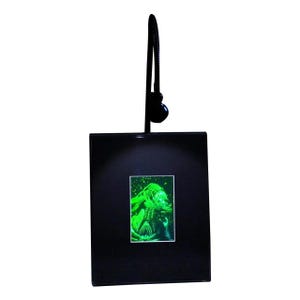 May include: A black framed picture with a green glowing image of a creature inside. The picture is illuminated by a black flexible gooseneck lamp.