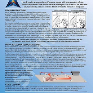Pu&ograve; includere: Un foglio informativo bianco con testo e diagrammi che spiegano gli ologrammi a riflessione. La parte superiore del foglio presenta il testo "REFLECTION HOLOGRAM" e il logo HoloBrands. Include istruzioni per la visualizzazione e informazioni sulla realizzazione.