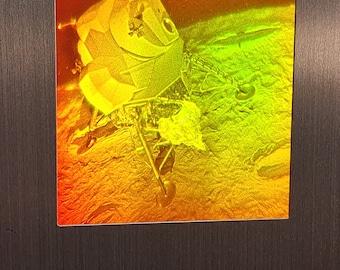 Lunar Lander 3D true laser produced Photopolymer 2-channel Hologram. amazing depth and clarity in a unique discontinued aluminum frame.