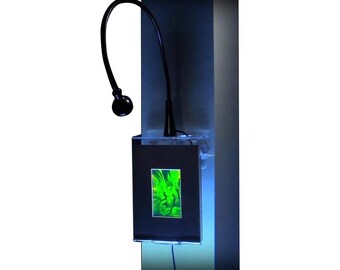 May include: A black framed picture with a green image inside is mounted on a wall with a black flexible light fixture above it.