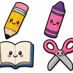 Può includere: Un set di quattro toppe ricamate raffiguranti articoli di cancelleria con faccine sorridenti. La collezione include una matita gialla con gomma rosa, un pastello a cera rosa e viola, un libro aperto blu e un paio di forbici rosa e argento.