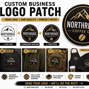 May include: A custom business logo patch featuring a circular black design with gold mountain graphics and the text NORTHRIDGE COFFEE CO. The image displays the process from logo to digitised embroidery and shows the patch applied to a backpack, jacket, and apron.