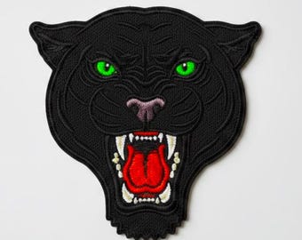 Black Jaguar Embroidered Patch, Green Eyed Panther Iron On Badge, Wild Animal Emblem