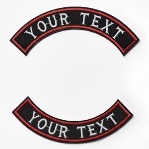 May include: Two black, arched patches with red borders and white text that reads "YOUR TEXT". The patches are embroidered and likely designed for customization on apparel or accessories.