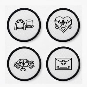 May include: Four circular patches with black borders and white mesh backgrounds. Each patch features a black line drawing: a veil and top hat, two doves in a heart, a vintage car with flowers, and an envelope.