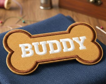 Custom Embroidered Dog Bone Name Patch – Personalized Iron-On Pet Vest Tag