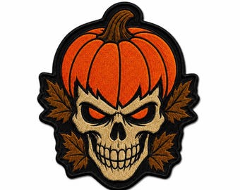 Pumpkin Skull Patch, Halloween Embroidered Patch, Autumn Jacket Patch, Spooky Iron On Patch