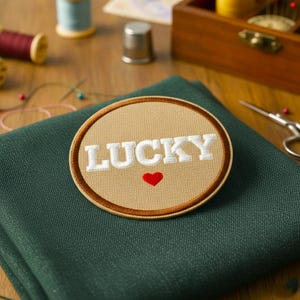 Könnte beinhalten: Ein runder, bestickter Aufnäher mit beigem Hintergrund und dunkelbraunem Rand. Das Wort LUCKY ist in weißen Großbuchstaben in der Mitte eingestickt, platziert über einem kleinen, roten Herzsymbol, liegend auf einem dunkelgrünen Stoff.