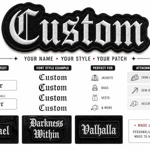 May include: A black embroidered patch with white gothic lettering reading Custom. The graphic displays text options like Lucifer, Forever, Michael, Darkness Within, and Valhalla, alongside icons for jackets, bags, vests, and attachment methods like iron-on, sew-on, and velcro.