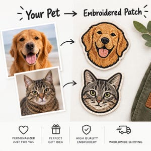 Op de afbeelding: Twee geborduurde patches met een golden retriever en een cyperse kat, getoond naast hun referentiefoto's. De tekst luidt Your Pet, Embroidered Patch, Personalized Just For You, Perfect Gift Idea, High Quality Embroidery, Worldwide Shipping.