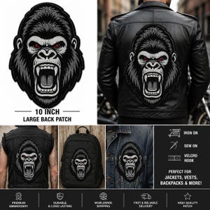 May include: A large embroidered patch featuring a detailed black and white gorilla head with intense red eyes and an open mouth showing teeth. The patch is labeled as 10 inches in size and is shown applied to the back of a black leather jacket.